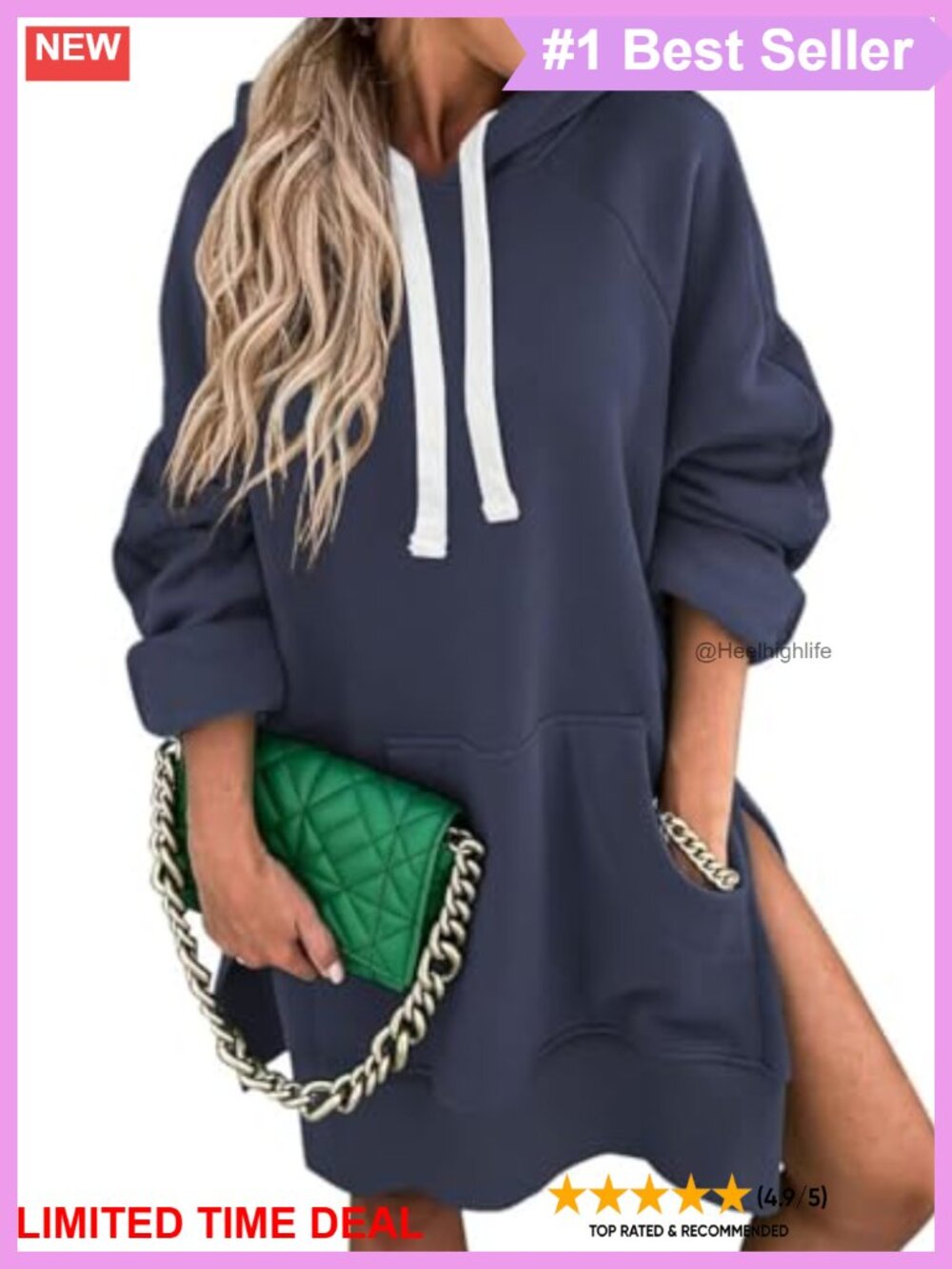 Oversized Hoodie Dress Long Sleeve Split Hem Pullover with Kangaroo Pocket